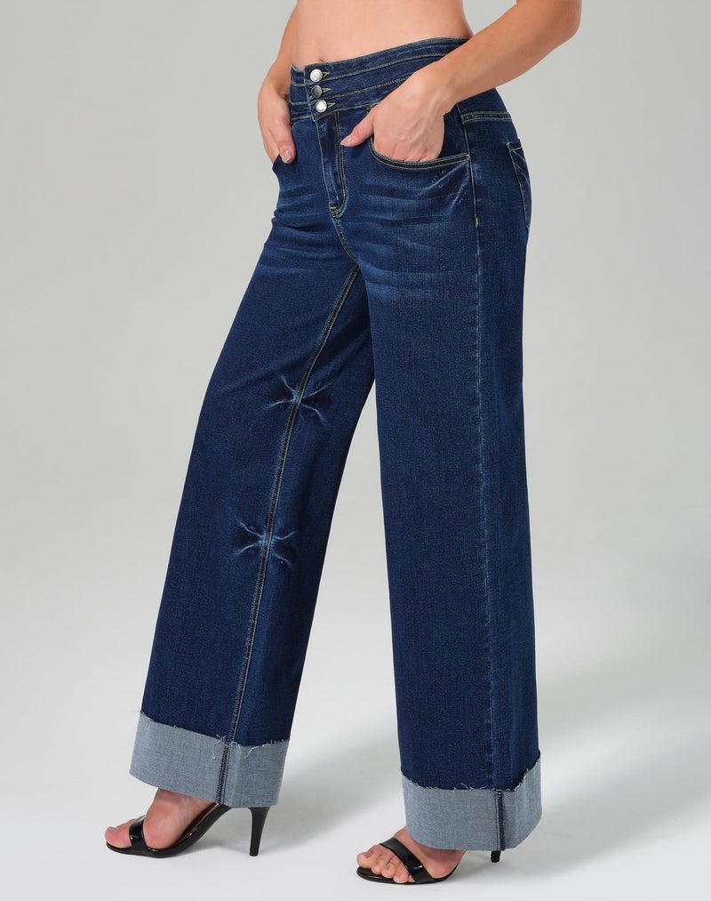 roswear Women's High Waisted Stretchy Wide Leg Jeans Cuffed Baggy Jeans Loose Denim Pants Classic Blue195 Large - Image 2
