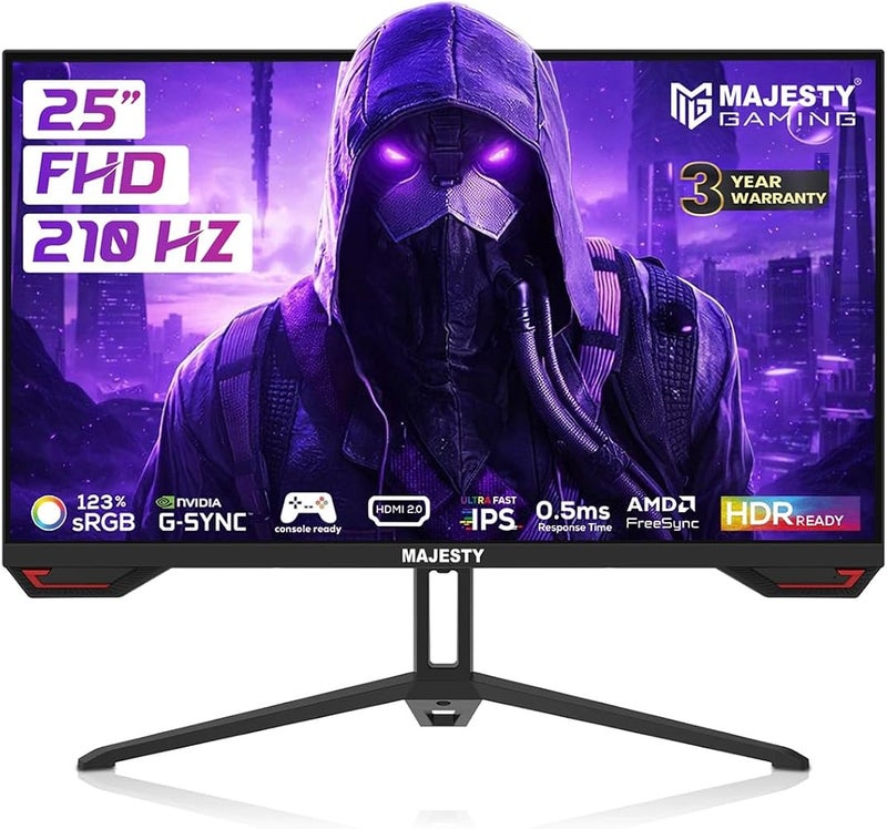 ماجيستي شاشة ألعاب Majesty 25 بحجم 25 بوصة، دقة FHD (1920x1080)، تقنية IPS، تردد عرض 210 هرتز، زمن استجابة 0.5 مللي ثانية، دعم تقنية HDR، نطاق ألوان 123% من نطاق sRGB، توافق مع تقنيات G-SYNC وFreeSync، مكبرات صوت مدمجة، منافذ DisplayPort وHDMI، دعم - Image 1