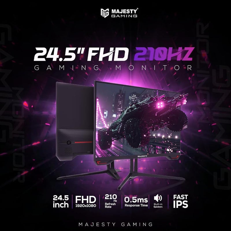 ماجيستي شاشة ألعاب Majesty 25 بحجم 25 بوصة، دقة FHD (1920x1080)، تقنية IPS، تردد عرض 210 هرتز، زمن استجابة 0.5 مللي ثانية، دعم تقنية HDR، نطاق ألوان 123% من نطاق sRGB، توافق مع تقنيات G-SYNC وFreeSync، مكبرات صوت مدمجة، منافذ DisplayPort وHDMI، دعم - Image 2