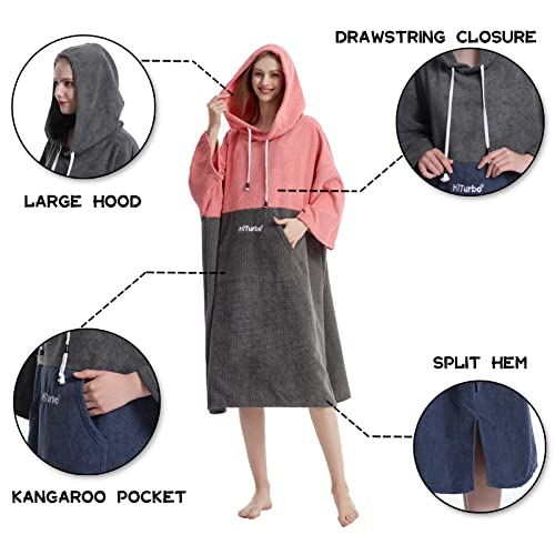 Hiturbo Changing Robe, Absorbent Quick Dry Surf Poncho, 3/4 Sleeve Microfiber Hooded Towel for Beach Swimming Surfing Bathing (Pink/Gray) - Image 3