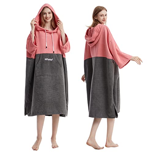 Hiturbo Changing Robe, Absorbent Quick Dry Surf Poncho, 3/4 Sleeve Microfiber Hooded Towel for Beach Swimming Surfing Bathing (Pink/Gray) - Image 1