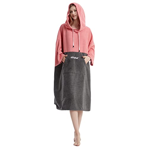 Hiturbo Changing Robe, Absorbent Quick Dry Surf Poncho, 3/4 Sleeve Microfiber Hooded Towel for Beach Swimming Surfing Bathing (Pink/Gray) - Image 5