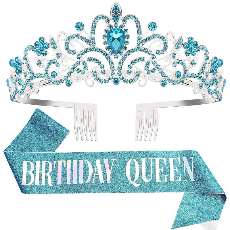 Cocide Birthday Queen Sash Crystal Tiara Kit COCIDE Birthday Tiaras and Crowns for Women Sashes for Women Blue Decorations Set Rhinestone Headband Hair Accessories Glitter Sash for Party - Image 2
