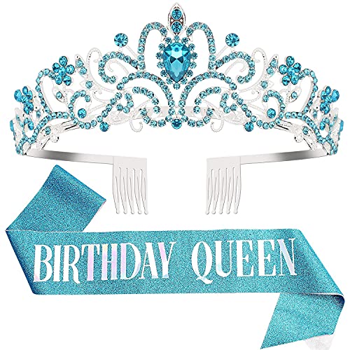 Cocide Birthday Queen Sash Crystal Tiara Kit COCIDE Birthday Tiaras and Crowns for Women Sashes for Women Blue Decorations Set Rhinestone Headband Hair Accessories Glitter Sash for Party - Image 1