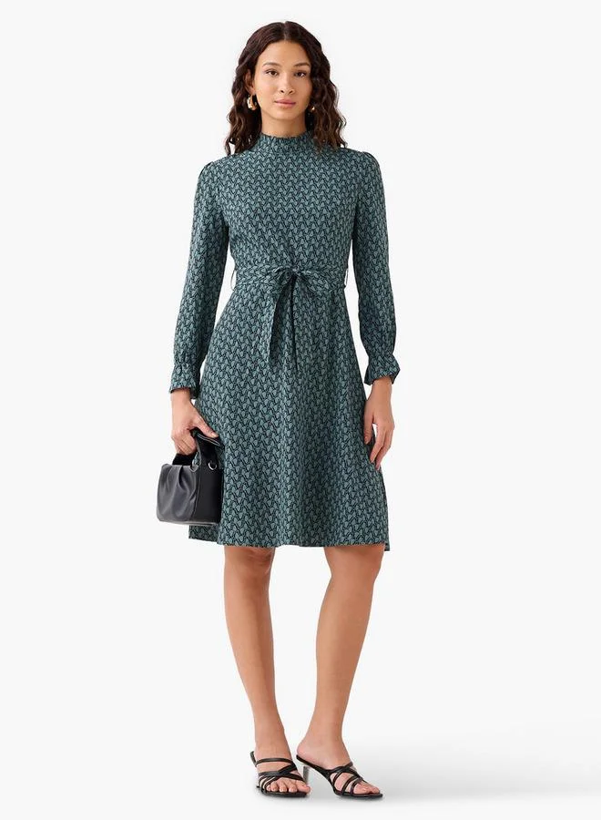 Splash FAV Abstract Print Mini Dress with High Neck and Tie-Up Belt