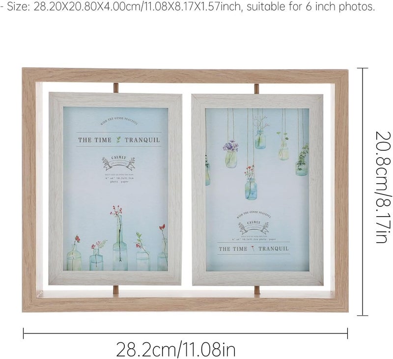 Rotating Double Sided 6-inch Photo Frame, Siamese Wooden Art Picture Holder for Wedding and Home Décor, Creative Two-panel Rotatable Display - Image 2