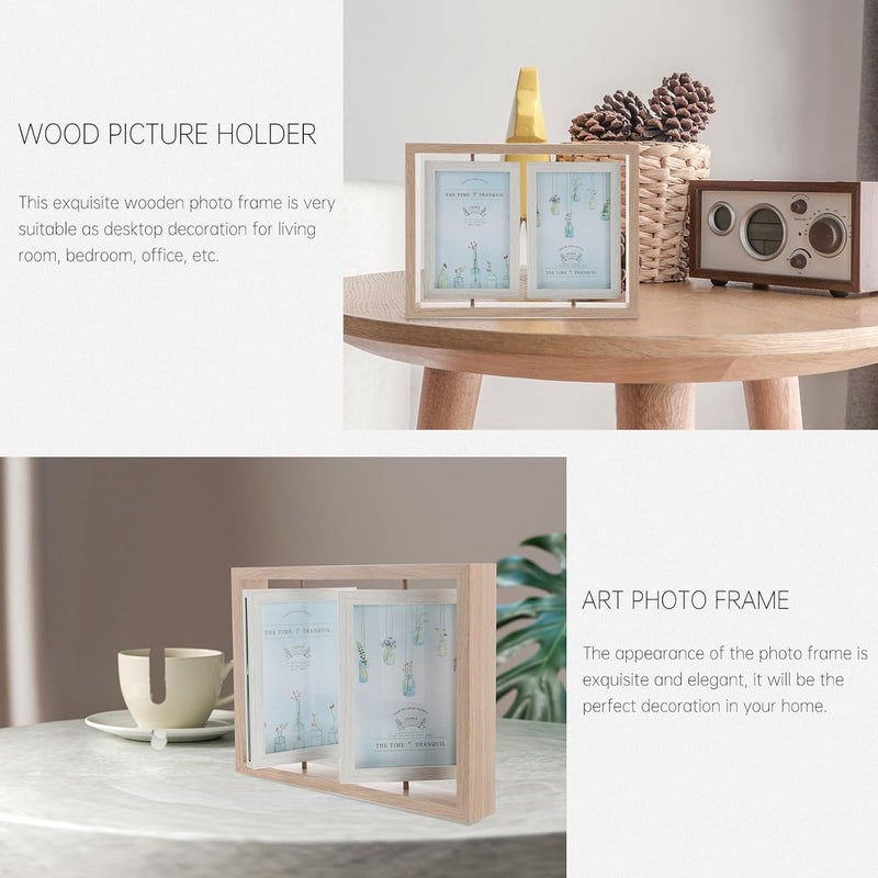 Rotating Double Sided 6-inch Photo Frame, Siamese Wooden Art Picture Holder for Wedding and Home Décor, Creative Two-panel Rotatable Display - Image 4