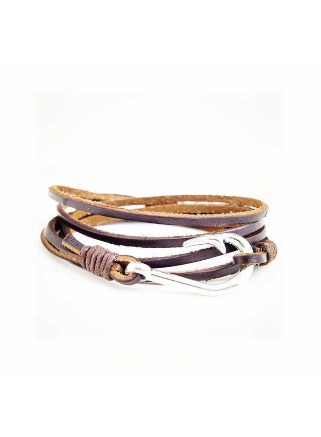 JOYID Fish Hook Leather Wrap Braided Bracelet Multi-layer Handwork Punk style Fish Clasp Bracelet for Men, 9 inch, Metal - Image 3