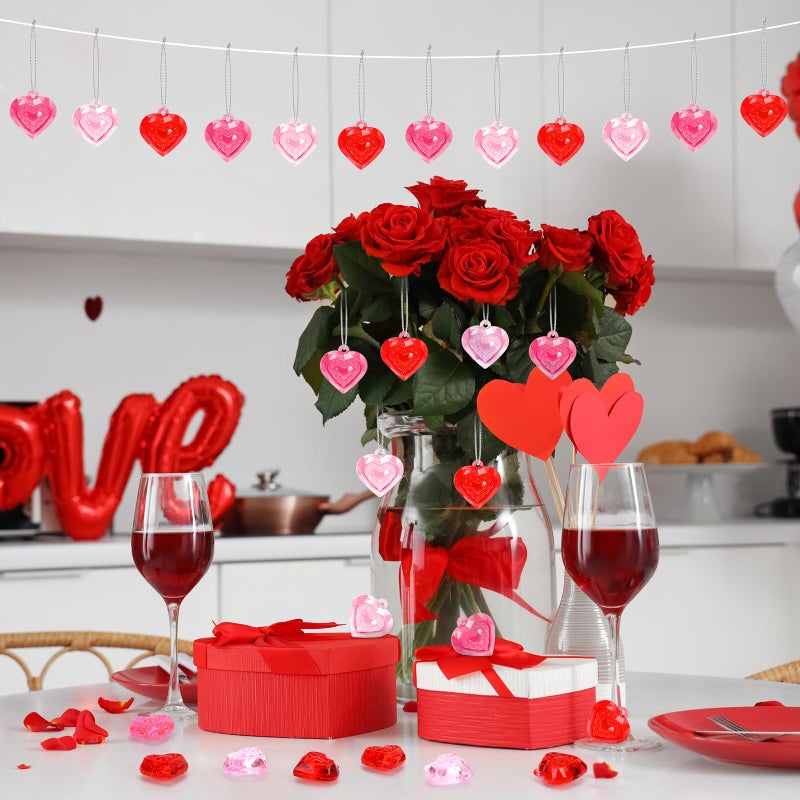 BOARDFEB 36Pcs Valentine's Day Heart Ornaments, Red Pink Heart Shaped Hanging Tree Ornaments Acrylic Valentines Day Decorations with Silver String for Home Wedding Valentines Christmas Decor - Image 3