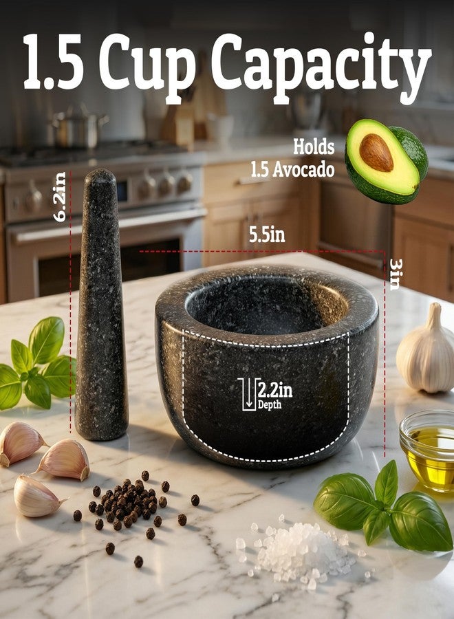 Priority Chef طقم هاون ومدقة شديد التحمل من بريوريتي شيف، سعة 1.5 كوب، مصنوع من الجرانيت بنسبة 100%، قاعدة مانعة للانزلاق، مثالي لتحضير الجواكامولي الطازج، والصلصة، والبيستو، وعاء طحن حجري، وكسارة أعشاب، ومطحنة توابل، 5.5 بوصة - أسود - Image 3