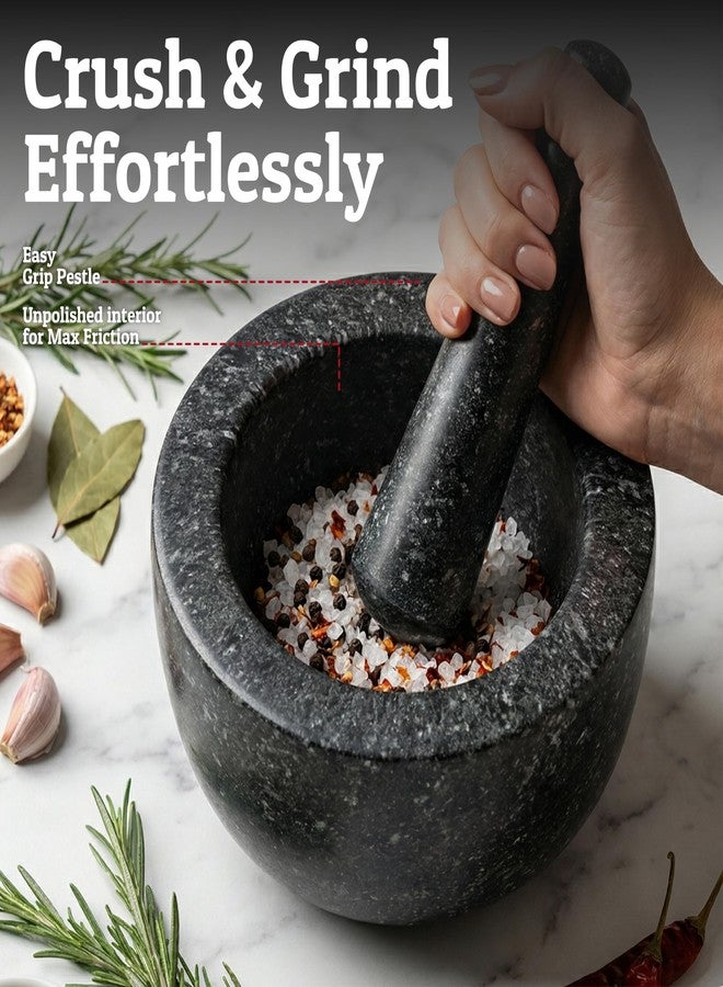 Priority Chef طقم هاون ومدقة شديد التحمل من بريوريتي شيف، سعة 1.5 كوب، مصنوع من الجرانيت بنسبة 100%، قاعدة مانعة للانزلاق، مثالي لتحضير الجواكامولي الطازج، والصلصة، والبيستو، وعاء طحن حجري، وكسارة أعشاب، ومطحنة توابل، 5.5 بوصة - أسود - Image 2
