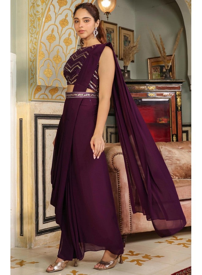 Janasya Janasya Women's Purple Georgette Sequined Ready To Wear Belted Saree With Blouse (JAB24SR00651-S) - Image 4