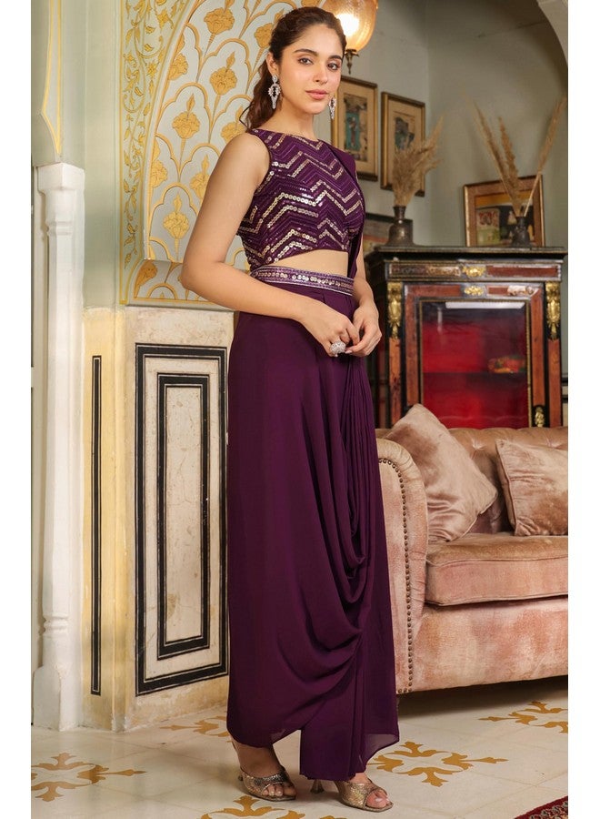 Janasya Janasya Women's Purple Georgette Sequined Ready To Wear Belted Saree With Blouse (JAB24SR00651-S) - Image 5