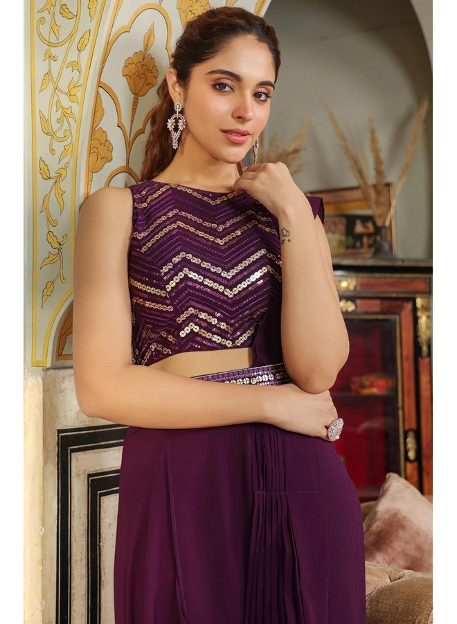 Janasya Janasya Women's Purple Georgette Sequined Ready To Wear Belted Saree With Blouse (JAB24SR00651-S) - Image 2