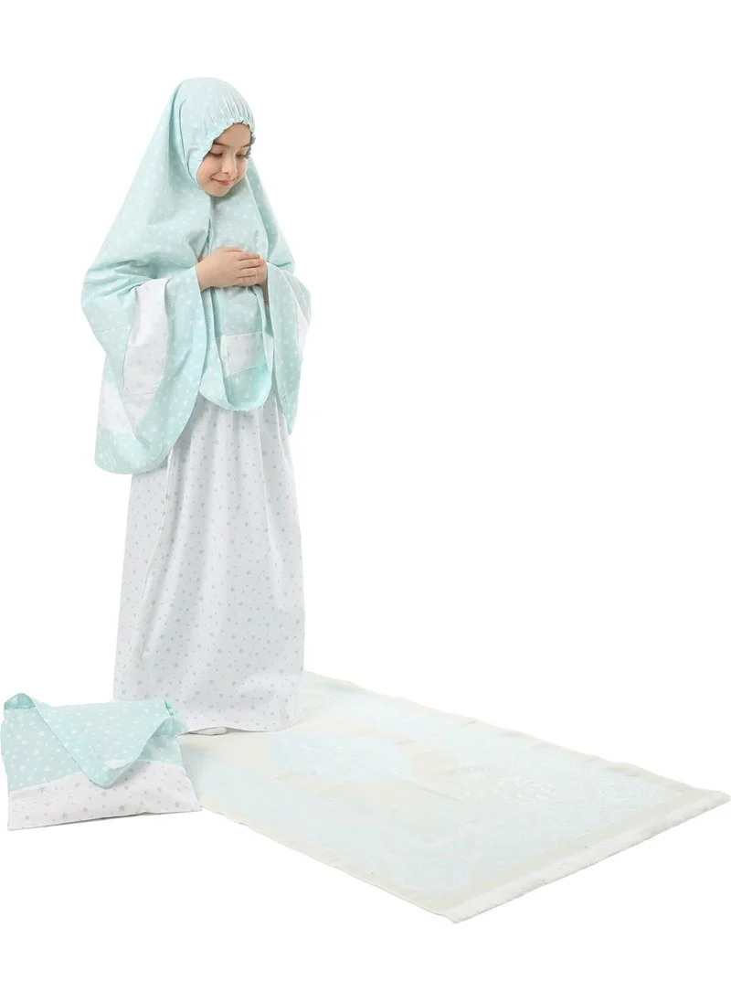 Elanesa  Girl Child's Prayer Dress 4-Piece With Prayer Rug and Bag Mint Color Star Printed Belt Pattern