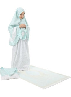 Elanesa  Girl Child's Prayer Dress 4-Piece With Prayer Rug and Bag Mint Color Star Printed Belt Pattern  - Image 1