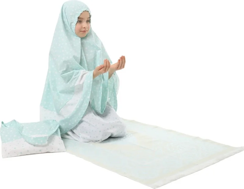 Elanesa  Girl Child's Prayer Dress 4-Piece With Prayer Rug and Bag Mint Color Star Printed Belt Pattern