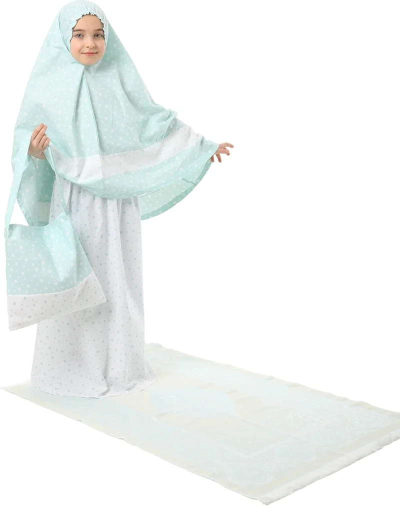 Elanesa  Girl Child's Prayer Dress 4-Piece With Prayer Rug and Bag Mint Color Star Printed Belt Pattern