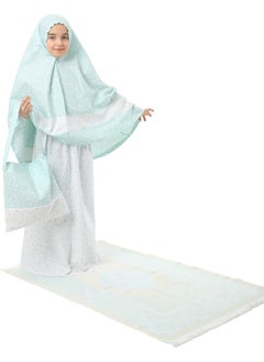 Elanesa  Girl Child's Prayer Dress 4-Piece With Prayer Rug and Bag Mint Color Star Printed Belt Pattern  - Image 3