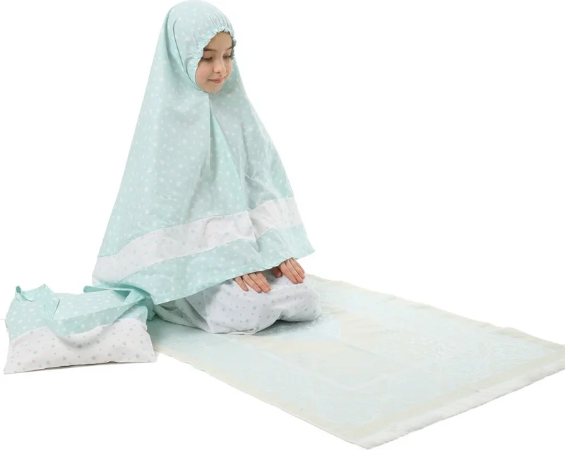 Elanesa  Girl Child's Prayer Dress 4-Piece With Prayer Rug and Bag Mint Color Star Printed Belt Pattern