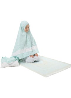 Elanesa  Girl Child's Prayer Dress 4-Piece With Prayer Rug and Bag Mint Color Star Printed Belt Pattern  - Image 4