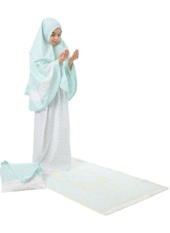 Elanesa  Girl Child's Prayer Dress 4-Piece With Prayer Rug and Bag Mint Color Star Printed Belt Pattern  - Image 2