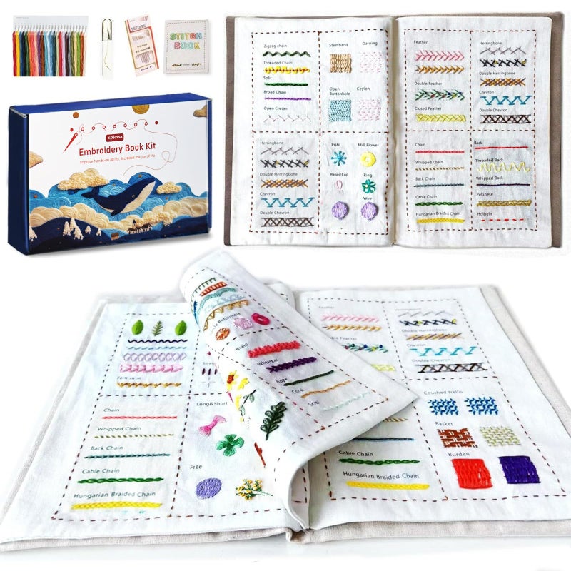 spicssa Embroidery Stitch Book Kit, All in One Sewing Embroidery Kits, Starter Practice Patterns, Complete Tool kit and VideoTutorials, Gifts for Girlfriends, Mothers, and Craft Lovers - Image 1