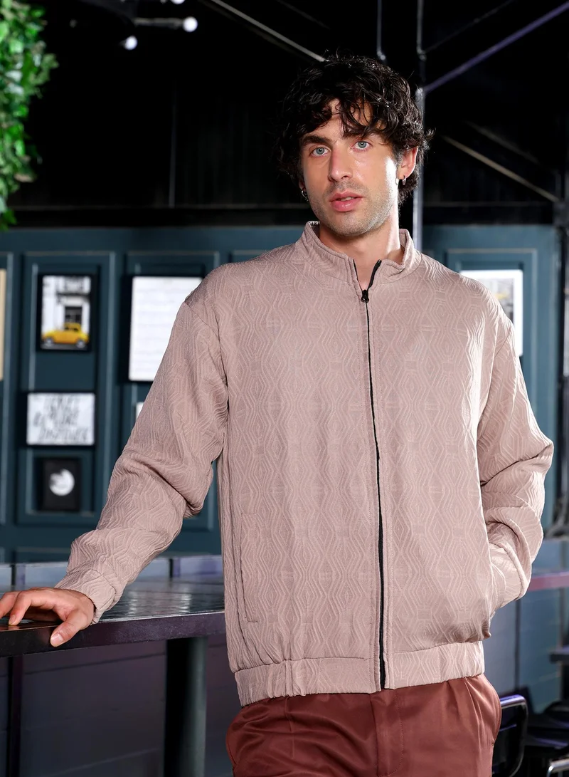 Campus Sutra Men Illuminator-Tactile Bomber Jacket | Band Collar, Long Stretch-Cuff Sleeves | Zipper , Stretch-Straight Hem | Striped Textured | Woven Fabric For Casual & Daily Wear | Sand Beige