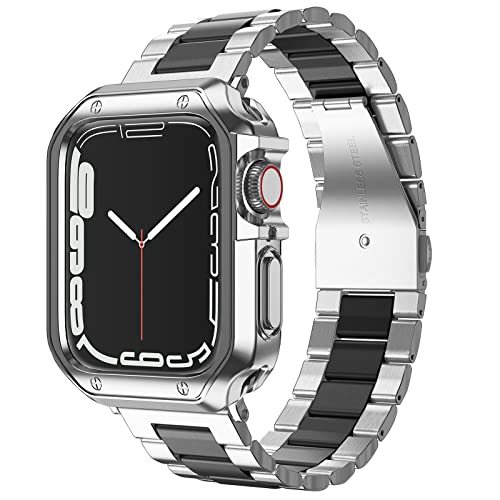MRYUESG Designed for Apple Watch Band and Case, Stainless Steel Metal Chain with TPU Cover, Smart-Watch Link Bracelet Strap, Wrist-Band for i-Watch Series 9 8 7 6 5 4 3 2 1 SE, 45mm 44mm 42mm, Silver+Black - Image 1