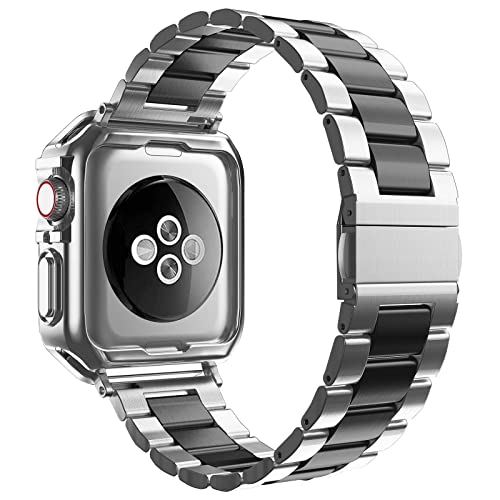 MRYUESG Designed for Apple Watch Band and Case, Stainless Steel Metal Chain with TPU Cover, Smart-Watch Link Bracelet Strap, Wrist-Band for i-Watch Series 9 8 7 6 5 4 3 2 1 SE, 45mm 44mm 42mm, Silver+Black - Image 2