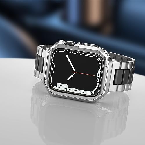 MRYUESG Designed for Apple Watch Band and Case, Stainless Steel Metal Chain with TPU Cover, Smart-Watch Link Bracelet Strap, Wrist-Band for i-Watch Series 9 8 7 6 5 4 3 2 1 SE, 45mm 44mm 42mm, Silver+Black - Image 3