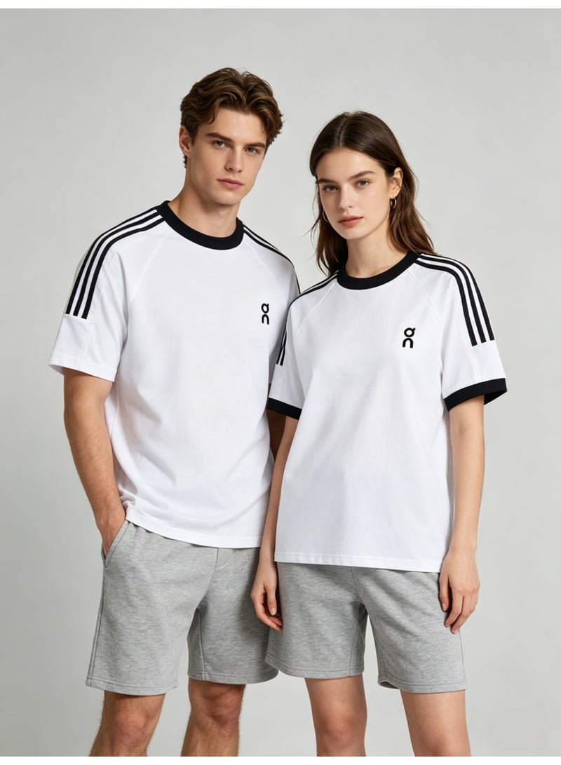 اون راننج On Unisex White Raglan 3-Stripe Sleeve Black Trim Logo Couple T-Shirt - Image 2