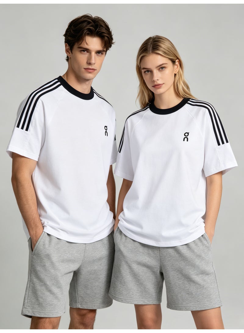 اون راننج On Unisex White Raglan 3-Stripe Sleeve Black Trim Logo Couple T-Shirt - Image 5