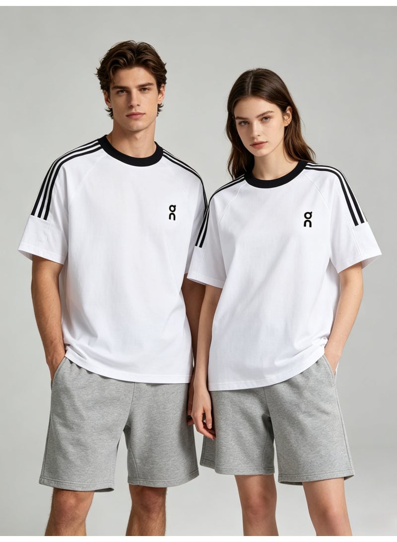 اون راننج On Unisex White Raglan 3-Stripe Sleeve Black Trim Logo Couple T-Shirt - Image 4