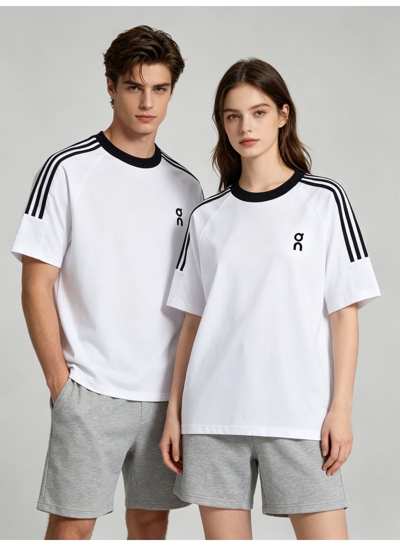 اون راننج On Unisex White Raglan 3-Stripe Sleeve Black Trim Logo Couple T-Shirt - Image 3