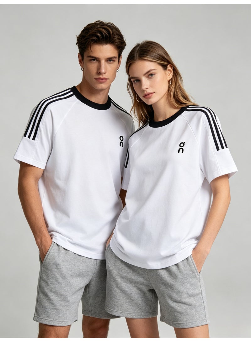 اون راننج On Unisex White Raglan 3-Stripe Sleeve Black Trim Logo Couple T-Shirt - Image 1