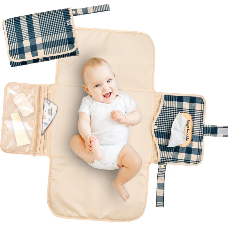 Tiny Twinkle Portable Diaper Changing Pad | Waterproof, Wipeable & Compact Baby Changing Pad for Travel | Smart Wipes Pocket & Organized Storage| Newborn Shower Gift (Gingham) - Image 1