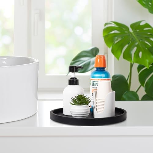 Heagoale Silicone Bathroom Tray Round Vanity Tray Decorative Soap Holder Kitchen Countertop Organizer Coffee Table Decor for Candle Perfume Plant 10 Inch Black - Image 3