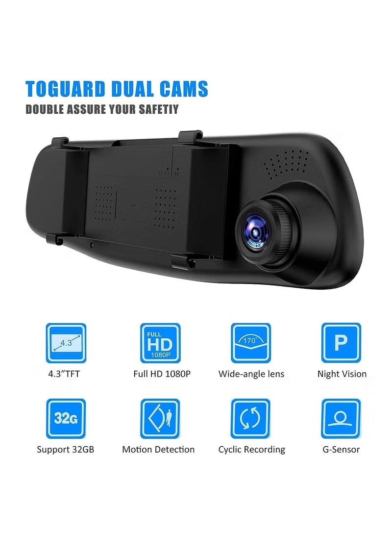 Hamzone Dash Cams for Cars Front and Rear, Dual Lens HD 1080P 4.3in Car DVR Rearview Mirror Camera Dash Cam Video Recorder  - Image 4