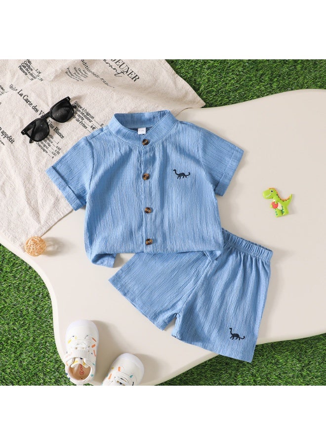 DOOKOO Toddler Baby Boys Summer Outfits Dinosaur Embroidery Button Closure Short Sleeves T-Shirt Elastic Casual Shorts Set 2 Piece Clothes - Image 1
