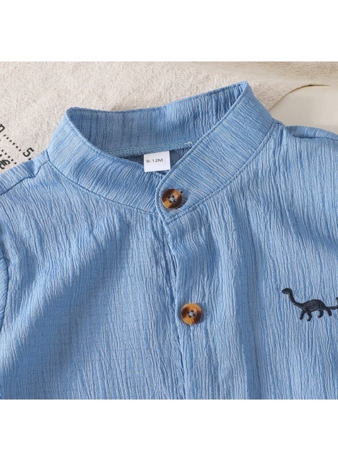 DOOKOO Toddler Baby Boys Summer Outfits Dinosaur Embroidery Button Closure Short Sleeves T-Shirt Elastic Casual Shorts Set 2 Piece Clothes - Image 5