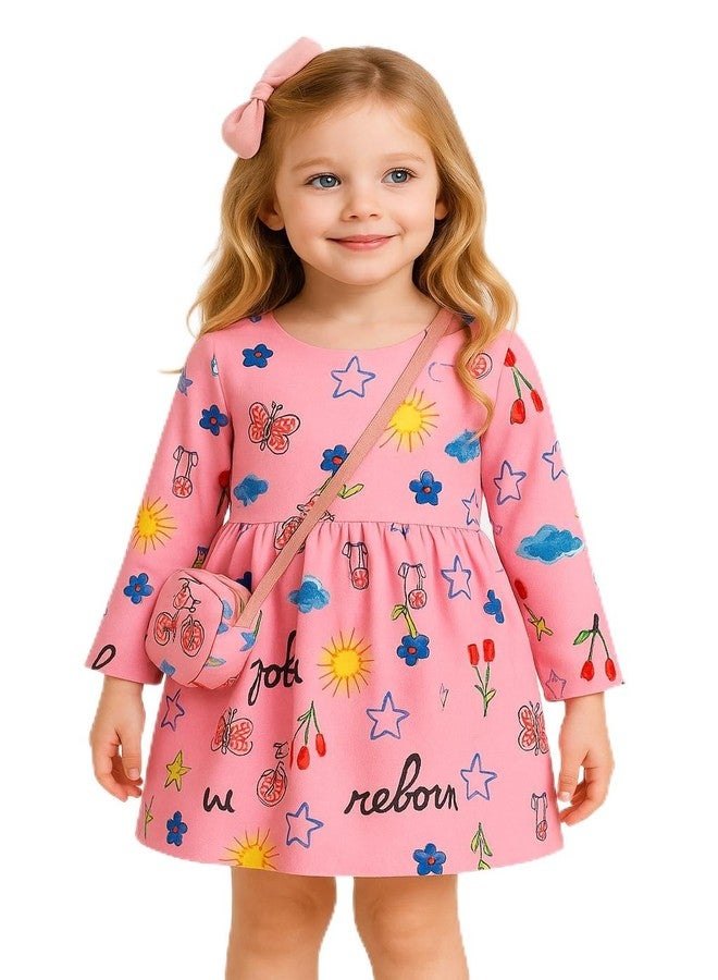 FancyDressWale Fancy Girl Baby Print Long Sleeve Dress with Purse (Pink, 5-6 Years) - Image 1