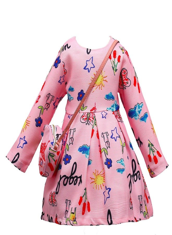 FancyDressWale Fancy Girl Baby Print Long Sleeve Dress with Purse (Pink, 5-6 Years) - Image 2