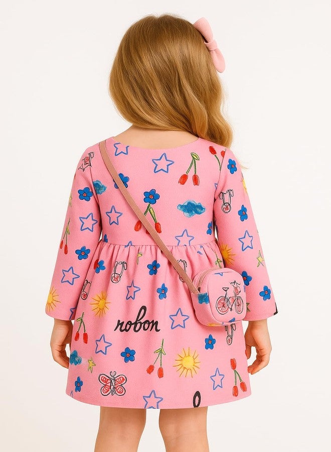 FancyDressWale Fancy Girl Baby Print Long Sleeve Dress with Purse (Pink, 5-6 Years) - Image 3