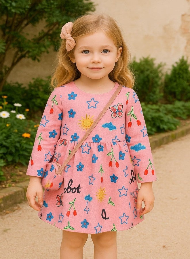 FancyDressWale Fancy Girl Baby Print Long Sleeve Dress with Purse (Pink, 5-6 Years) - Image 5