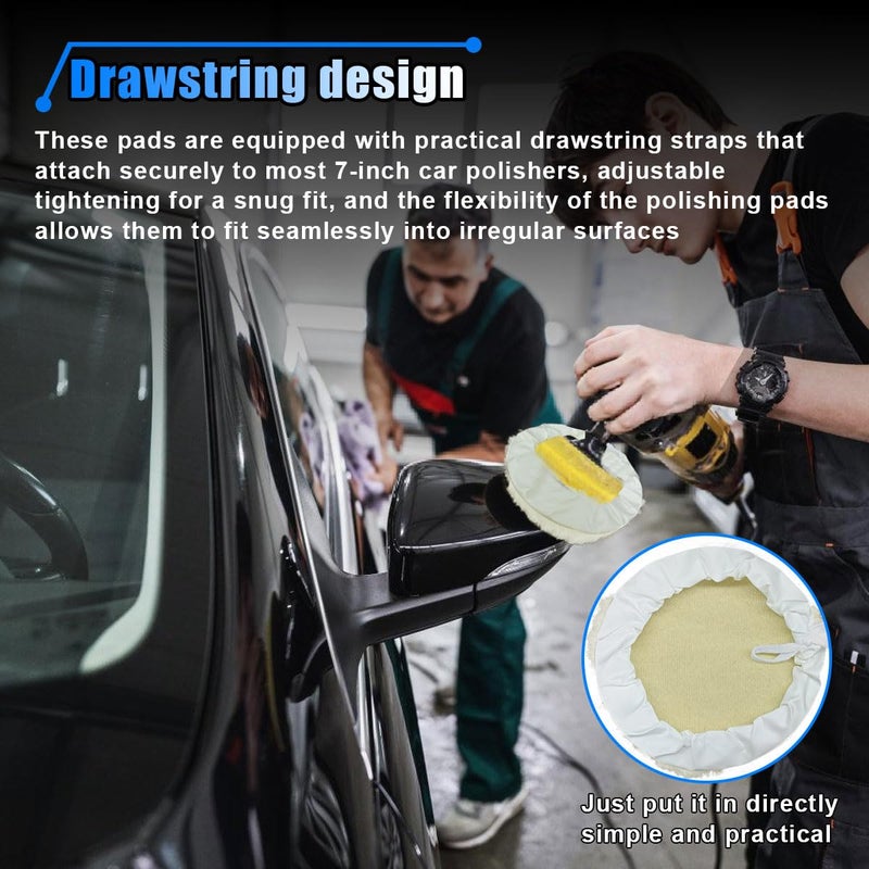 LHDOS 6PCS 7 Inch Car Wool Polishing Pad, Buffing Pad with Drawstring for Car Waxing & Cleaning, Polishing Bonnet for Vehicle, Glass, Furniture, Auto Polisher Pad Kit for Drill Buffer Upgraded simple practical design - Image 5