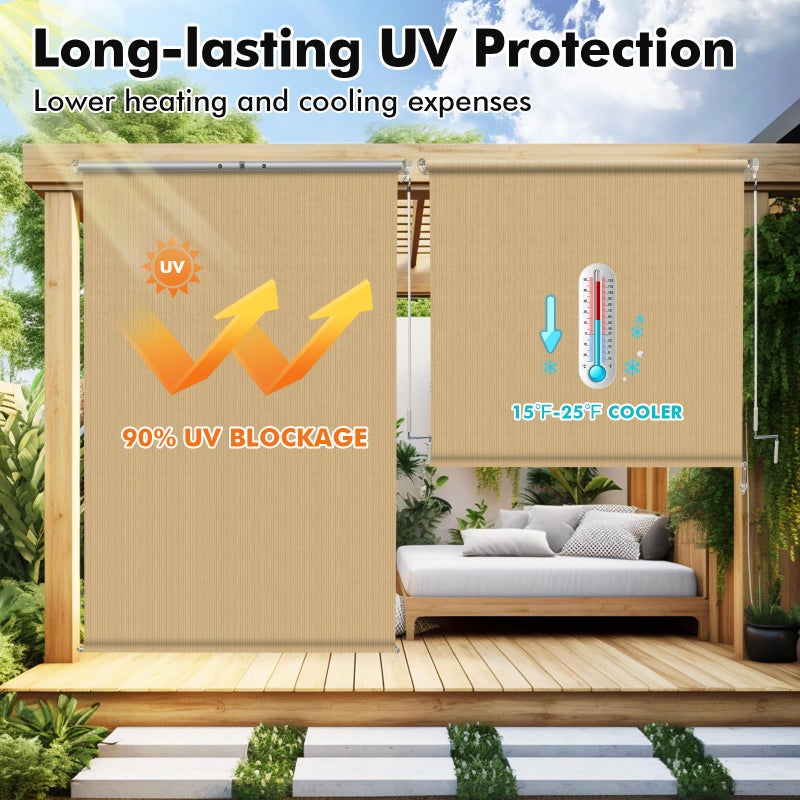 Artpuch Outdoor Roller Shade 8' W x 8' H, Sesame Exterior Cordless Patio Shades Roll Up Blinds with Spliced Pole Design, (2 Poles, One-Piece Fabric) - Image 2