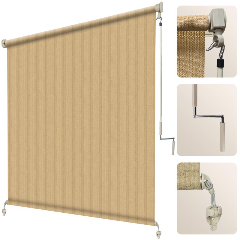 Artpuch Outdoor Roller Shade 8' W x 8' H, Sesame Exterior Cordless Patio Shades Roll Up Blinds with Spliced Pole Design, (2 Poles, One-Piece Fabric) - Image 1