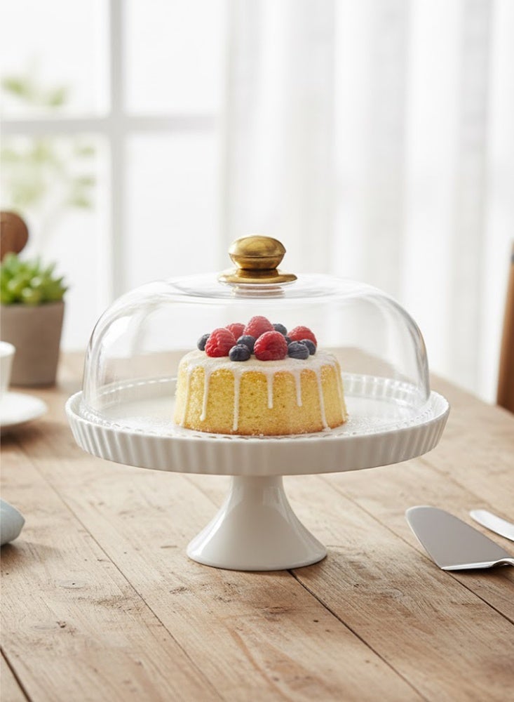 Shallow Elegant Porcelain 27cm White Cake Plate with Plastic Lid - Image 1