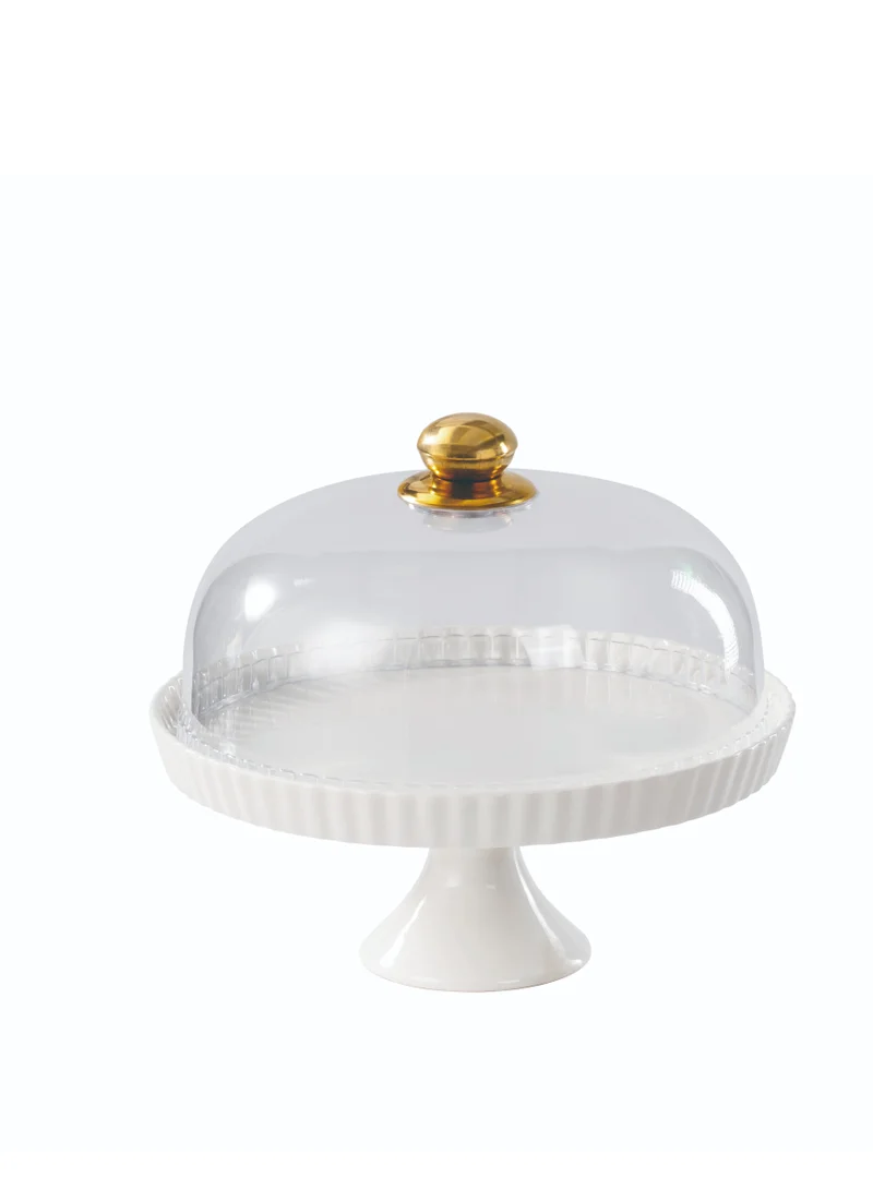 شالو طبق كيك بورسلين أبيض أنيق 27 سم بغطاء بلاستيكي